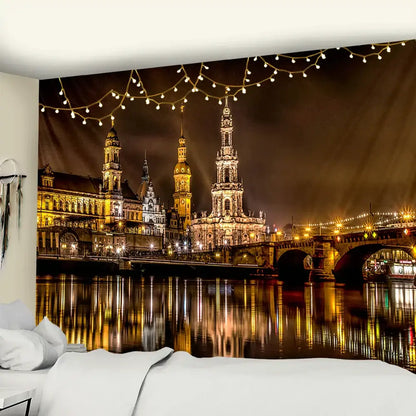European style city night scene tapestry bedroom wall hanging
