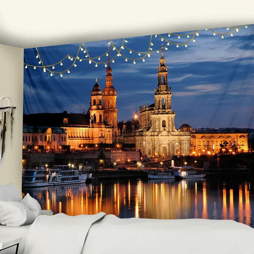 European style city night scene tapestry bedroom wall hanging