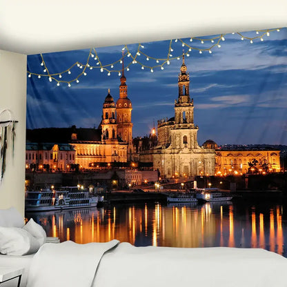 European style city night scene tapestry bedroom wall hanging