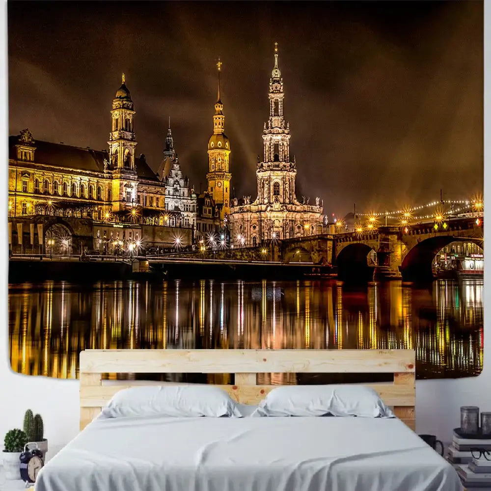 European style city night scene tapestry bedroom wall hanging