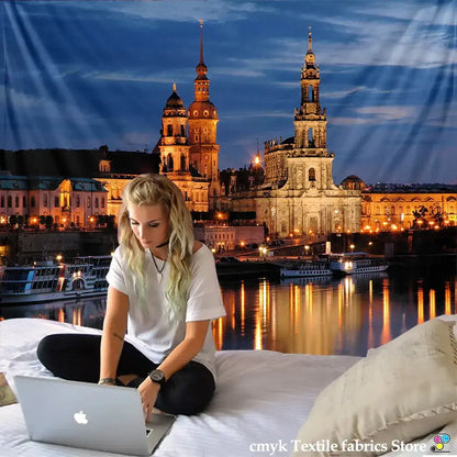 European style city night scene tapestry bedroom wall hanging
