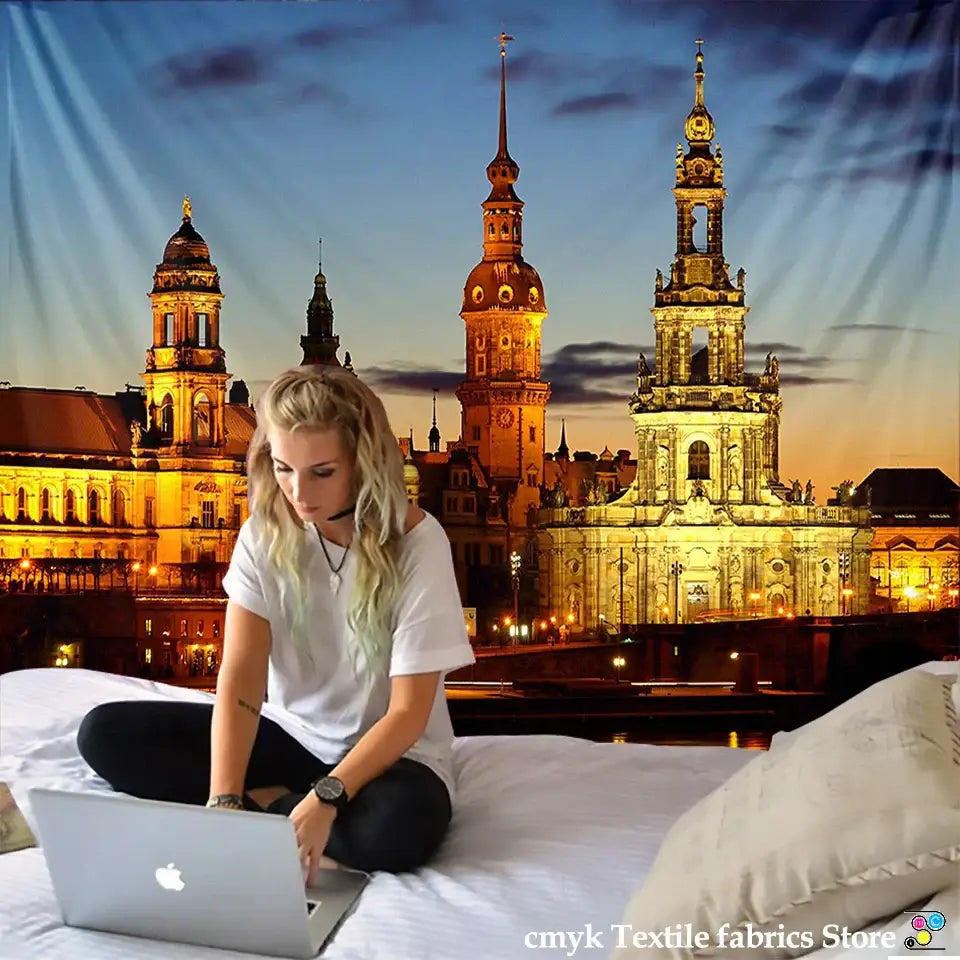 European style city night scene tapestry bedroom wall hanging