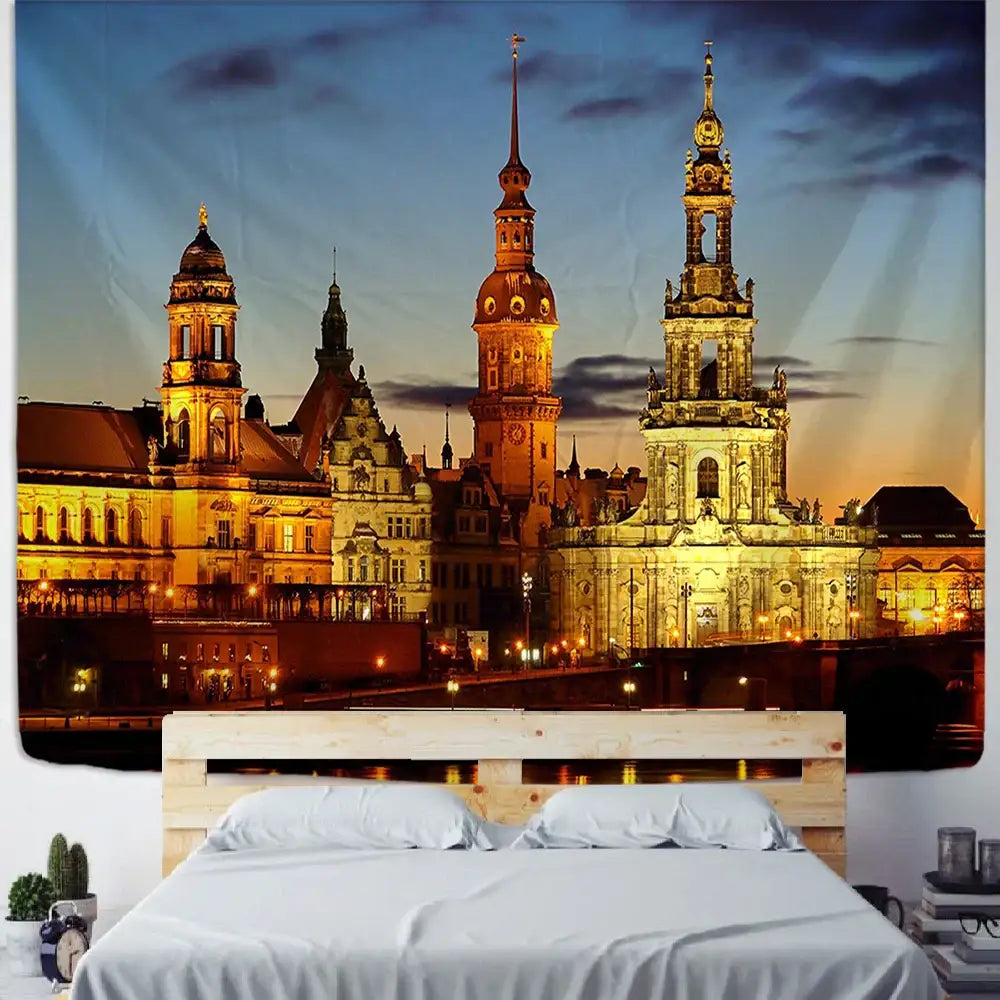European style city night scene tapestry bedroom wall hanging