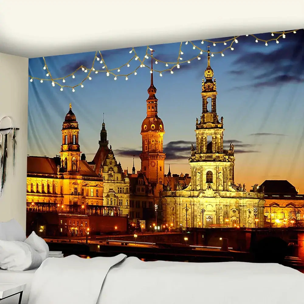 European style city night scene tapestry bedroom wall hanging