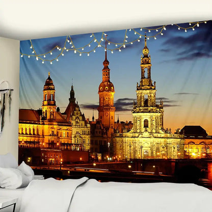 European style city night scene tapestry bedroom wall hanging