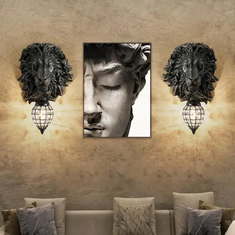European style golden lion head wall lamp living room glass sconce