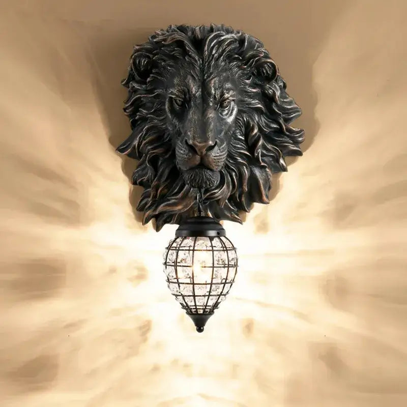 European style golden lion head wall lamp living room glass sconce