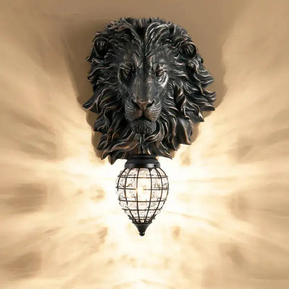European style golden lion head wall lamp living room glass sconce