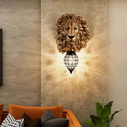European style golden lion head wall lamp living room glass sconce