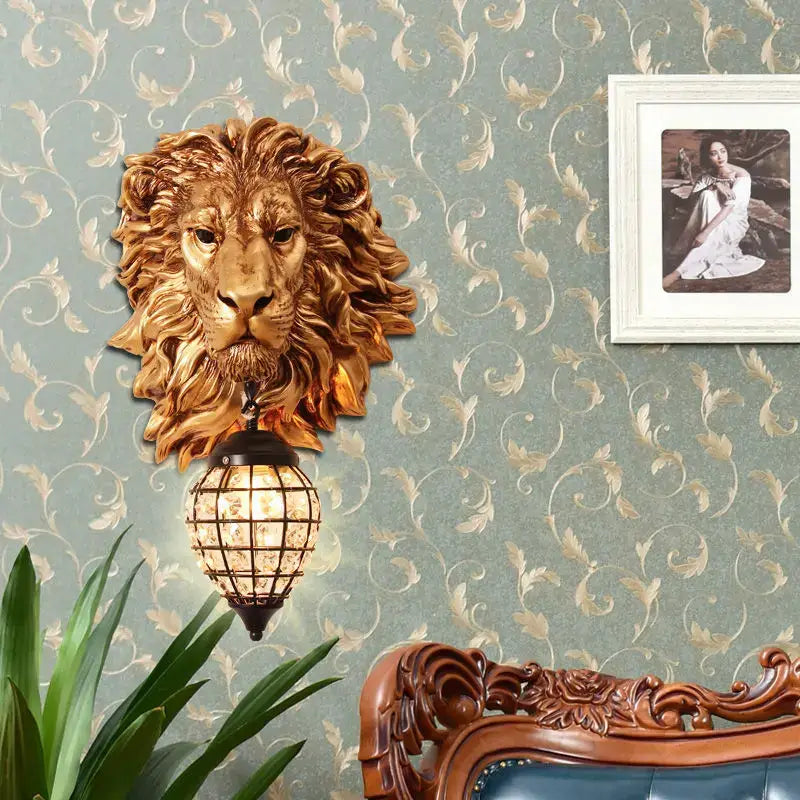 European style golden lion head wall lamp living room glass sconce