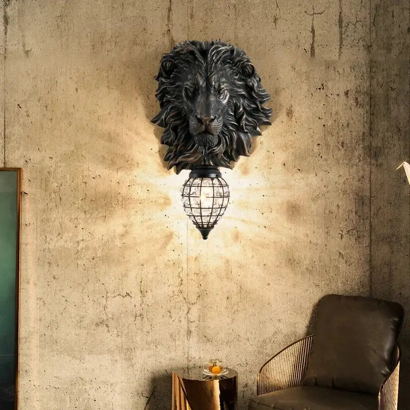 European style golden lion head wall lamp living room glass sconce