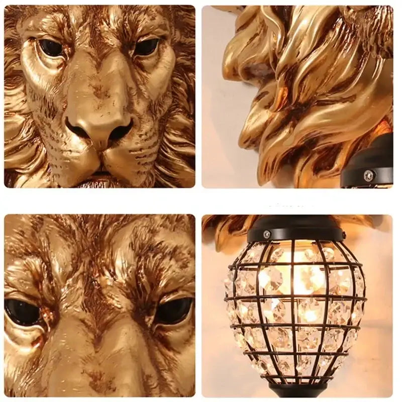 European style golden lion head wall lamp living room glass sconce