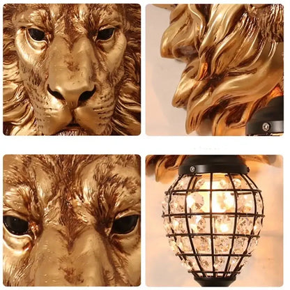 European style golden lion head wall lamp living room glass sconce