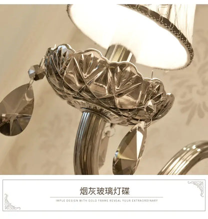 European style silver and smoke grey crystal wall lamp bedroom light