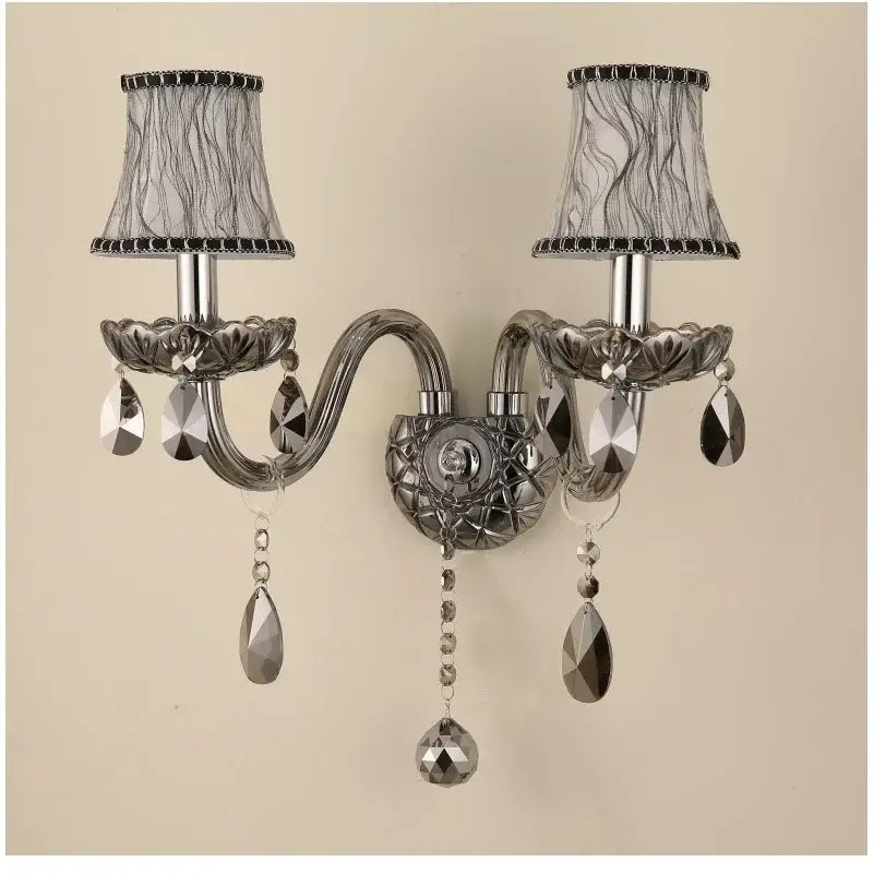 European style silver and smoke grey crystal wall lamp bedroom light