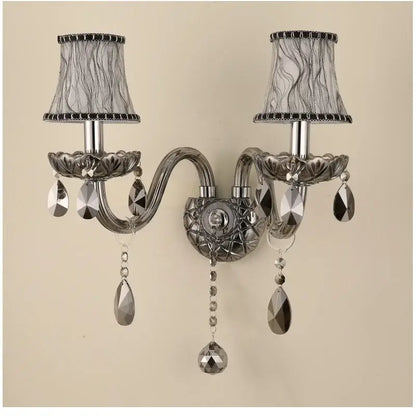 European style silver and smoke grey crystal wall lamp bedroom light