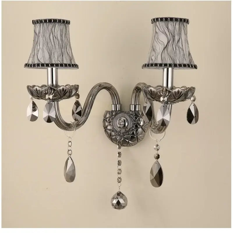 European style silver and smoke grey crystal wall lamp bedroom light