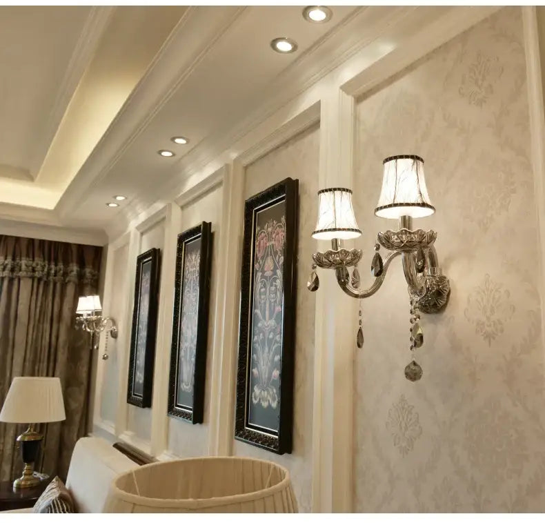 European style silver and smoke grey crystal wall lamp bedroom light