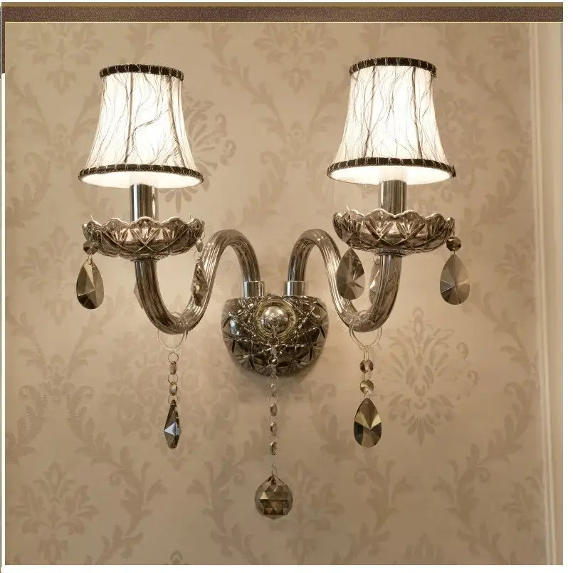European style silver and smoke grey crystal wall lamp bedroom light