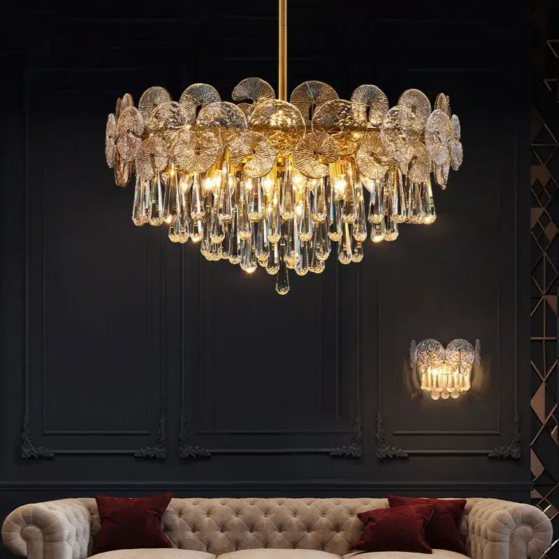 Exquisite golden fan crystal chandelier for living room spaces