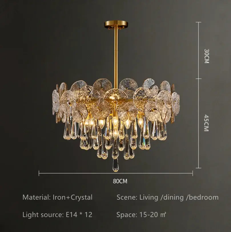 Exquisite golden fan crystal chandelier for living room spaces