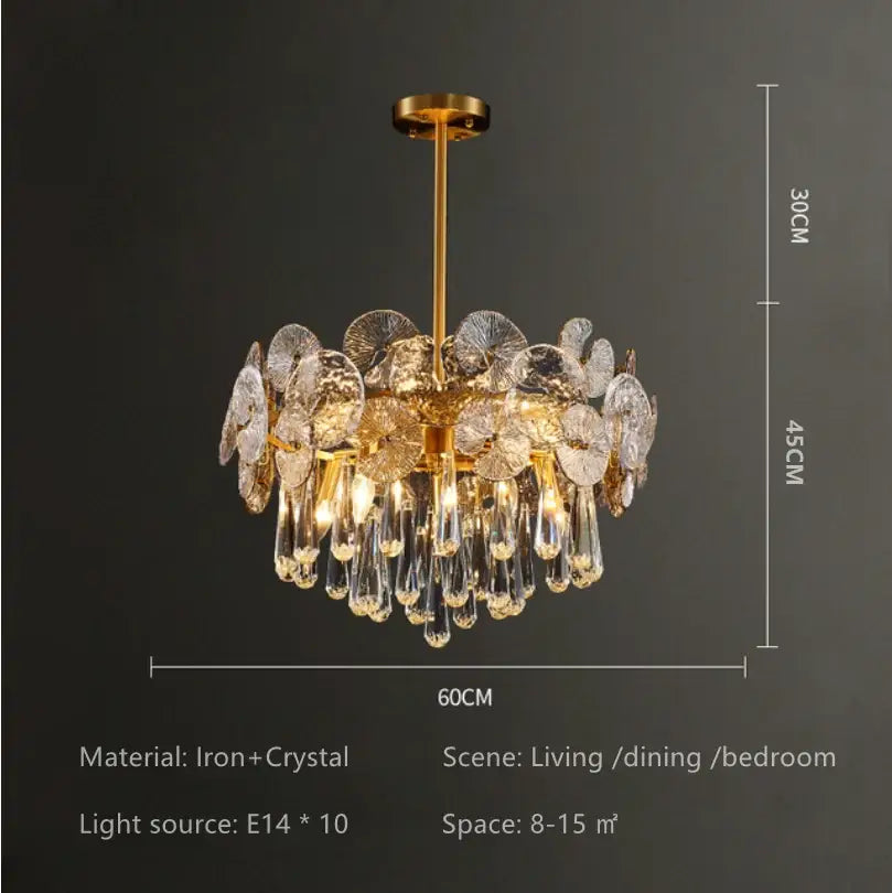 Exquisite golden fan crystal chandelier for living room spaces