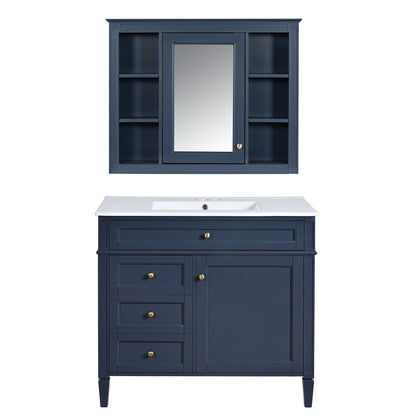 Bathroom Vanity With Mirror Cabinet, Single Sink With 2 Soft Closing Doors And 4 Drawers