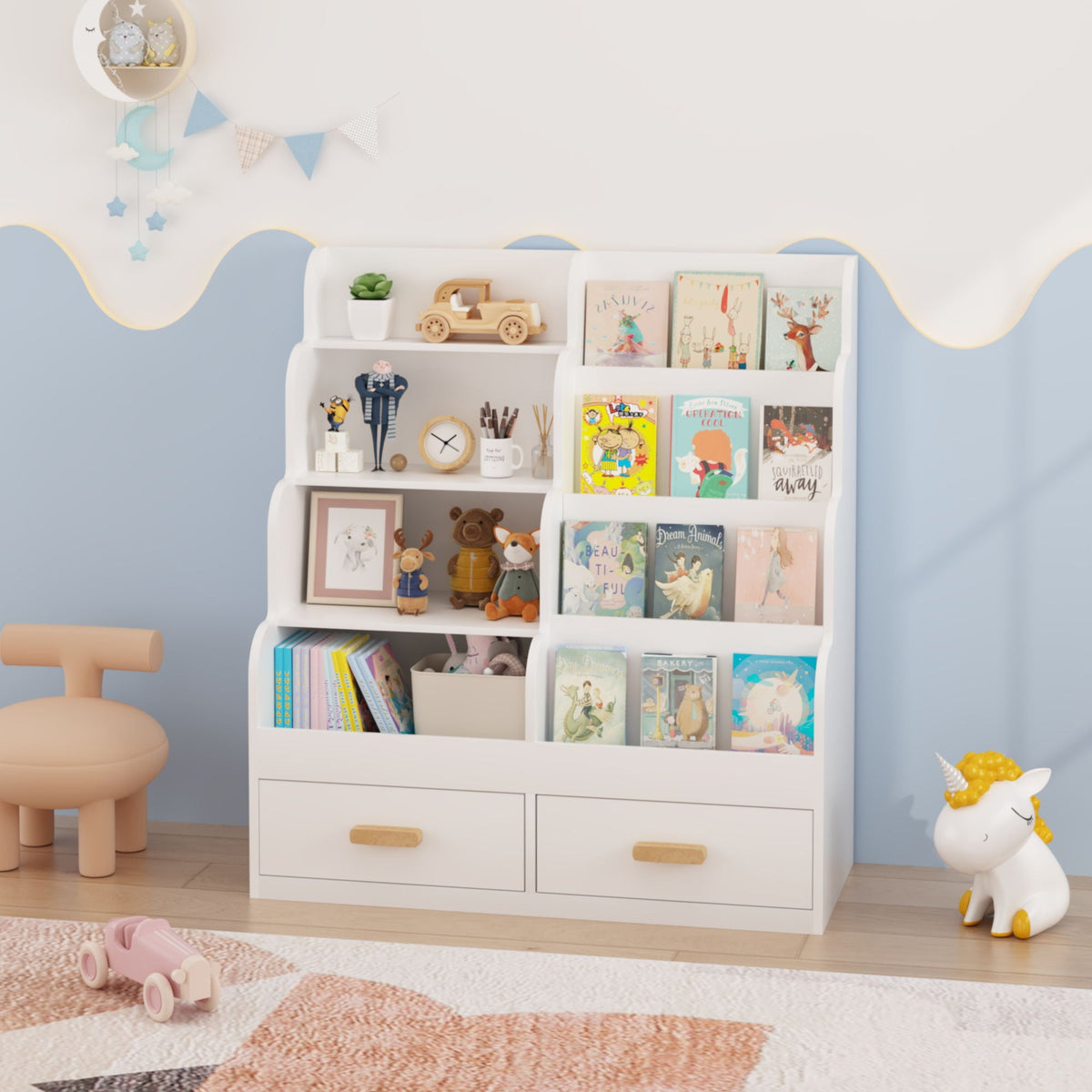 Bookshelf With 2 Storage Drawers, Front Facing Bookcase And Toy Organizer, Multi Tier Reading Shelf - White
