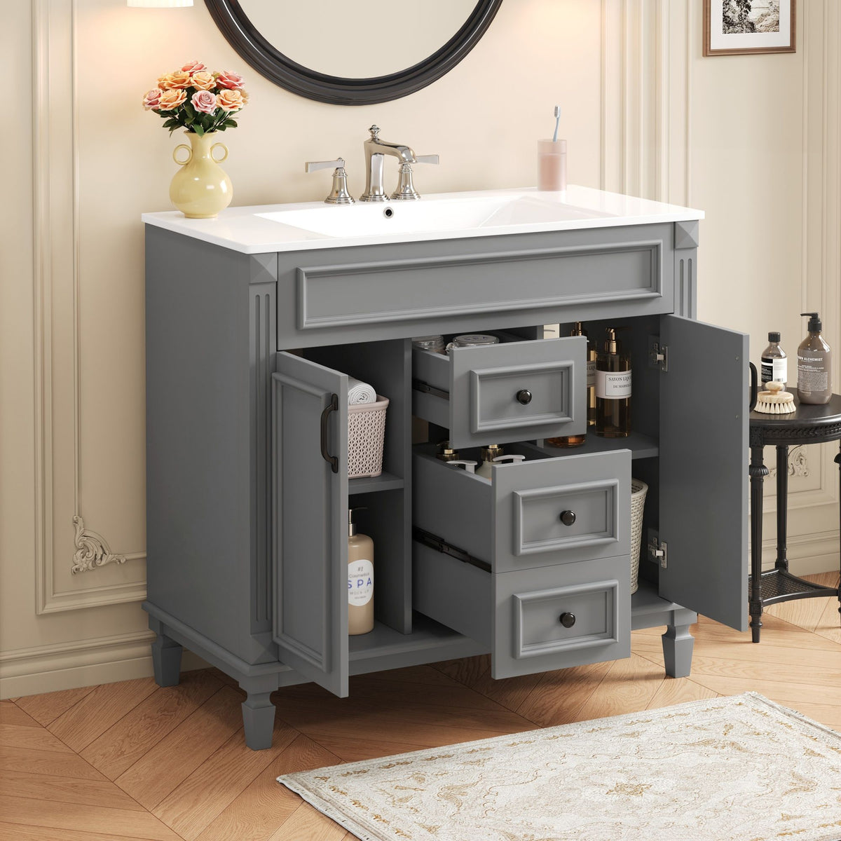 Bathroom Vanity With Top Sink, Basin On Cabinet With 2 Soft Closing Doors And 2 Drawers
