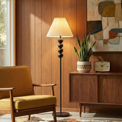 Mid Century Modern Wood Large Floor Lamp with Pleated Lampshade 65"H