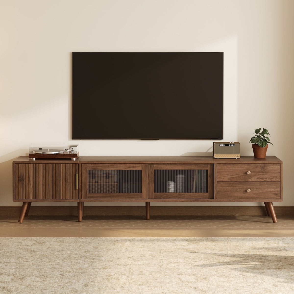 Doors TV Stand For TVs Up To 85", Entertainment Center With Storage Cabinets, TV Media Console Table For Living Room - Natural