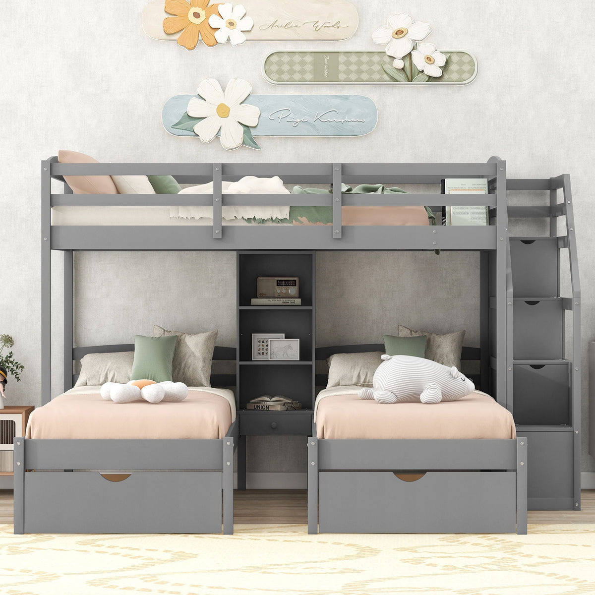Twin Over Twin & Twin Bunk Bed With Drawers, Staircase Storage, Built In Shelves - Gray