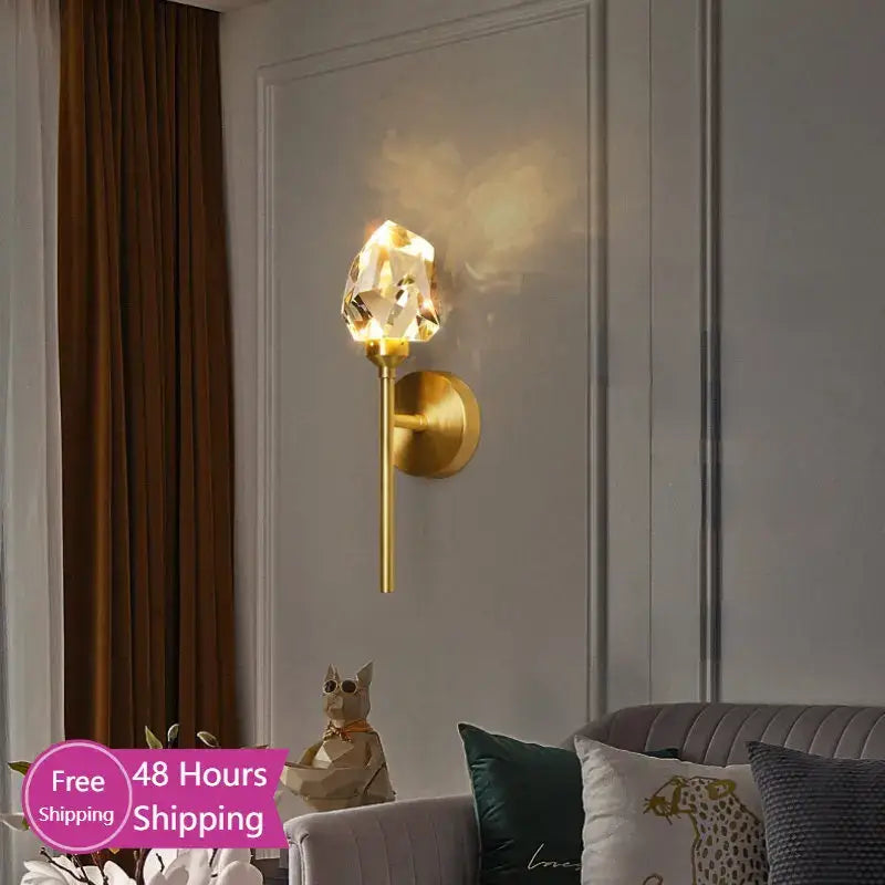 Faceted crystal gold led wall sconce for bedroom living room