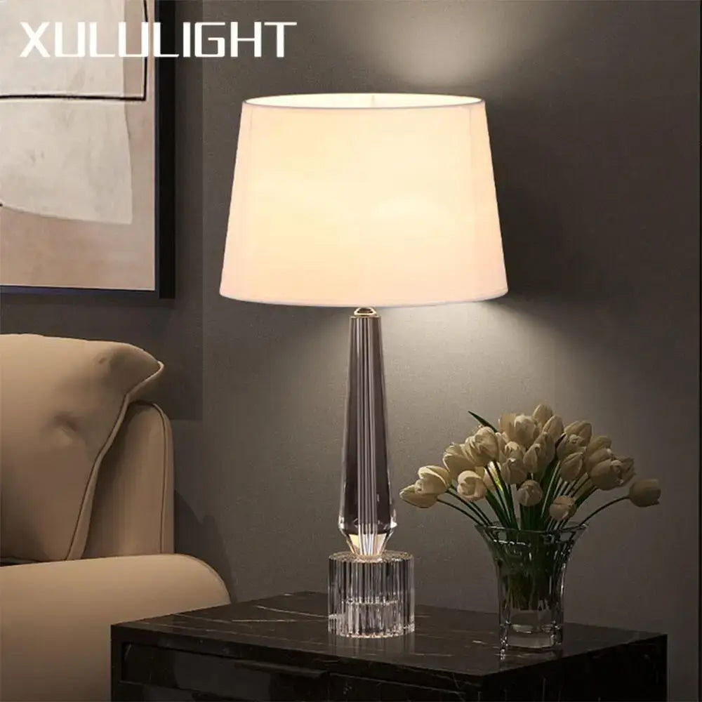 Faceted crystal table lamp with fabric shade – bedroom light fixture