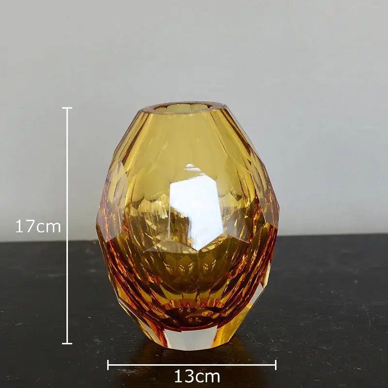 Faceted emerald blue and amber glass vase set for office desk
