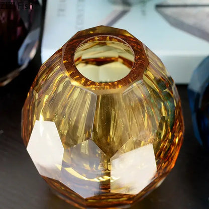 Faceted emerald blue and amber glass vase set for office desk