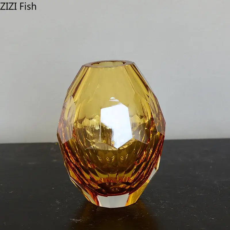 Faceted emerald blue and amber glass vase set for office desk