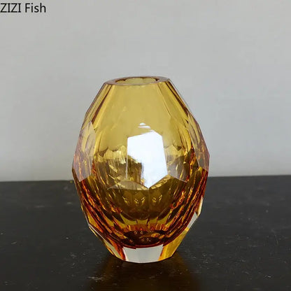 Faceted emerald blue and amber glass vase set for office desk