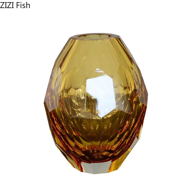 Faceted emerald blue and amber glass vase set for office desk