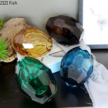 Faceted emerald blue and amber glass vase set for office desk