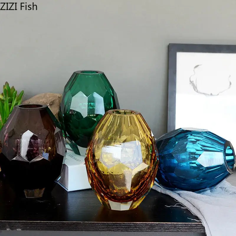 Faceted emerald blue and amber glass vase set for office desk