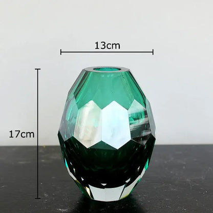 Faceted emerald blue and amber glass vase set for office desk