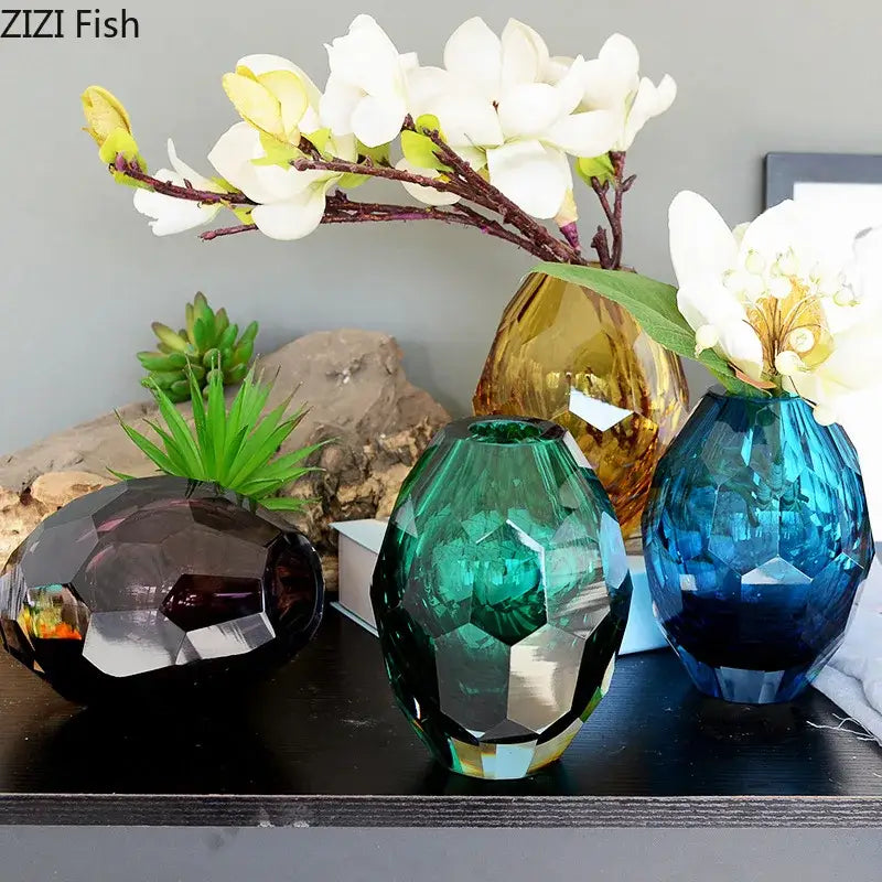 Faceted emerald blue and amber glass vase set for office desk