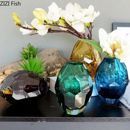Faceted emerald blue and amber glass vase set for office desk
