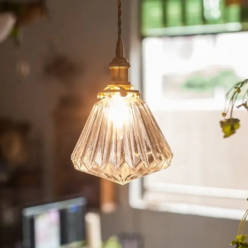 Faceted glass pleats led pendant light brass dining room