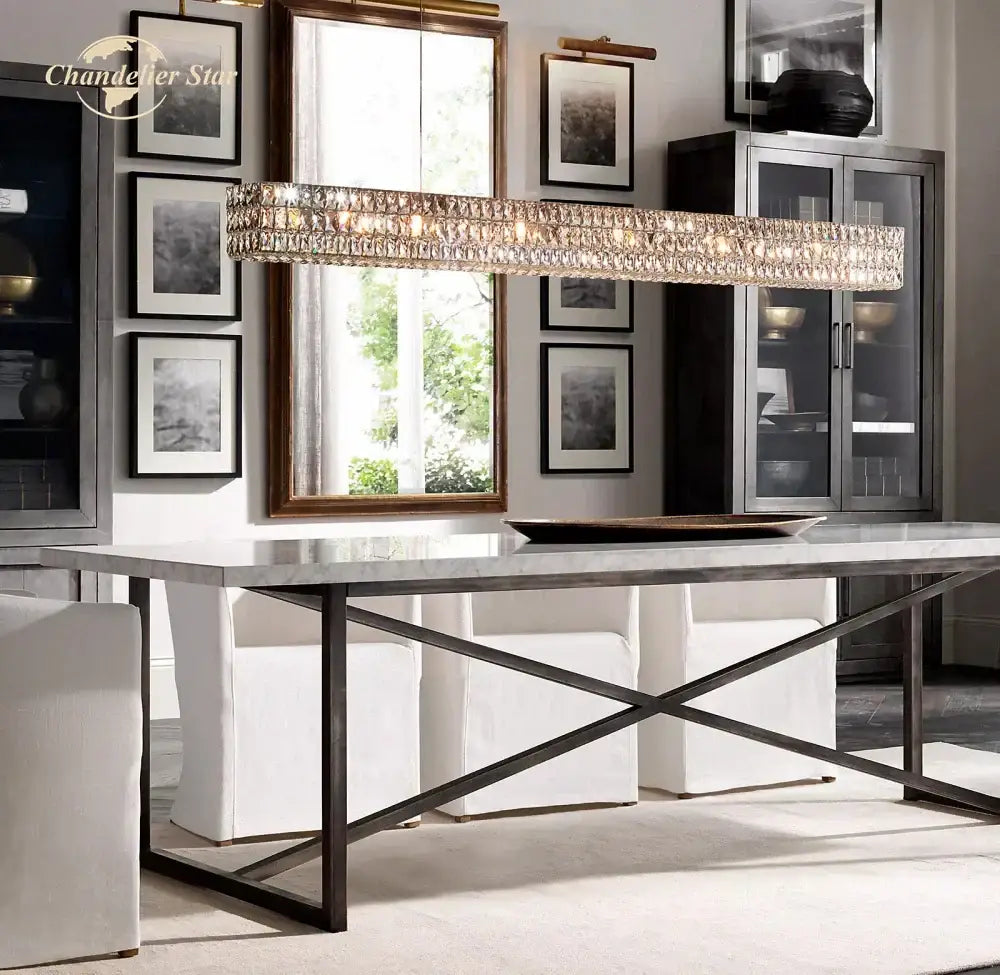 Faceted gold crystal led linear chandelier for dining room