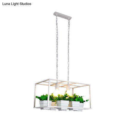 DecorBites™ Factory Metallic Island Lamp with Artificial Plant Deco - Black/White Rectangle, 2 Lights for Living Room