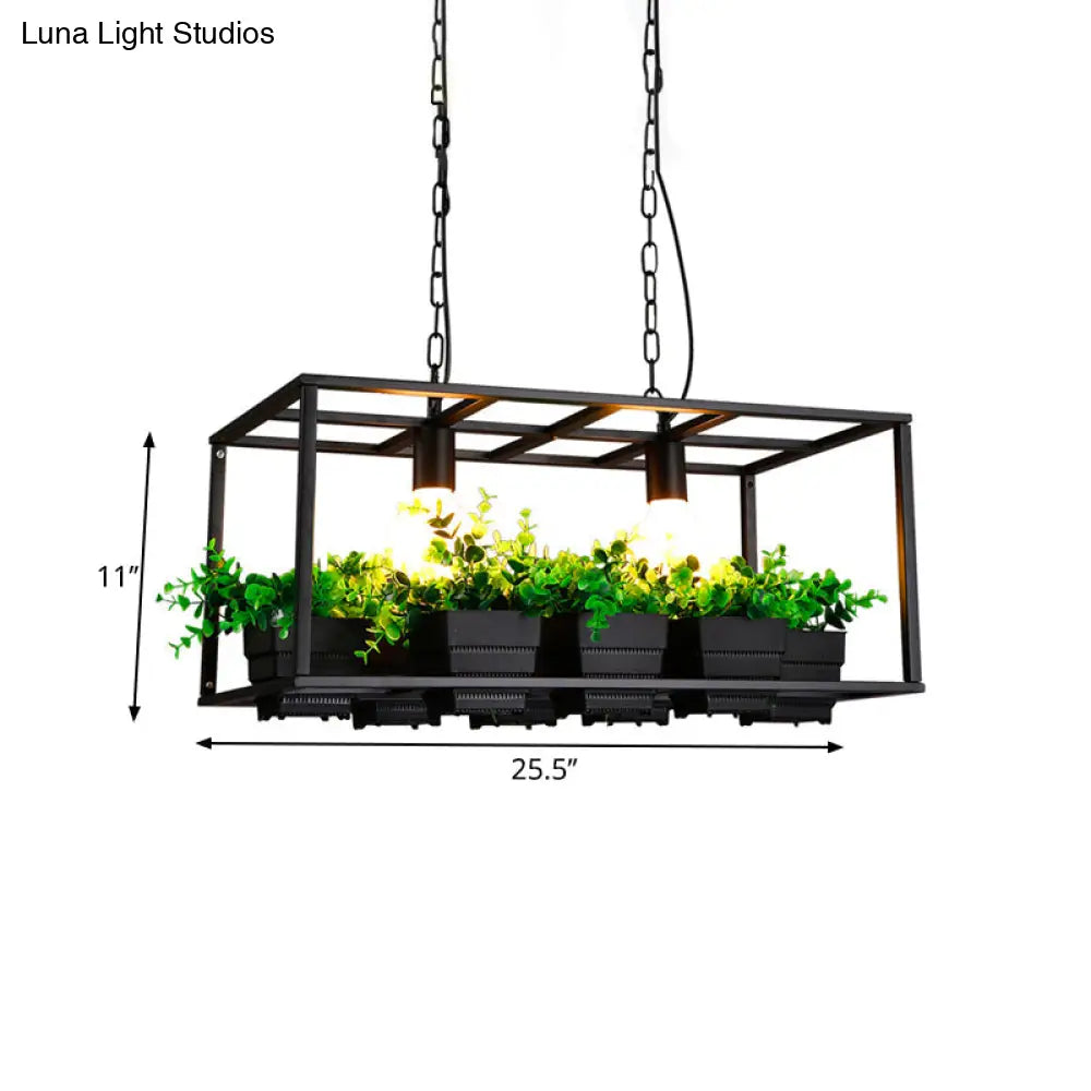 DecorBites™ Factory Metallic Island Lamp with Artificial Plant Deco - Black/White Rectangle, 2 Lights for Living Room