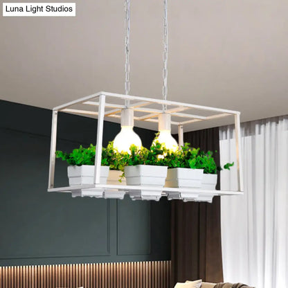 DecorBites™ Factory Metallic Island Lamp with Artificial Plant Deco - Black/White Rectangle, 2 Lights for Living Room