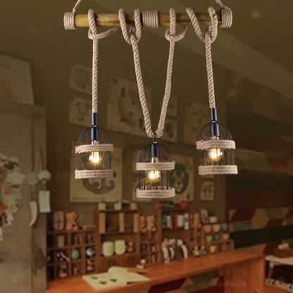 DecorBites™ Farm Birdcage Island Lamp: 3-Light Metallic Hanging Ceiling Light with Jute Rope Cord